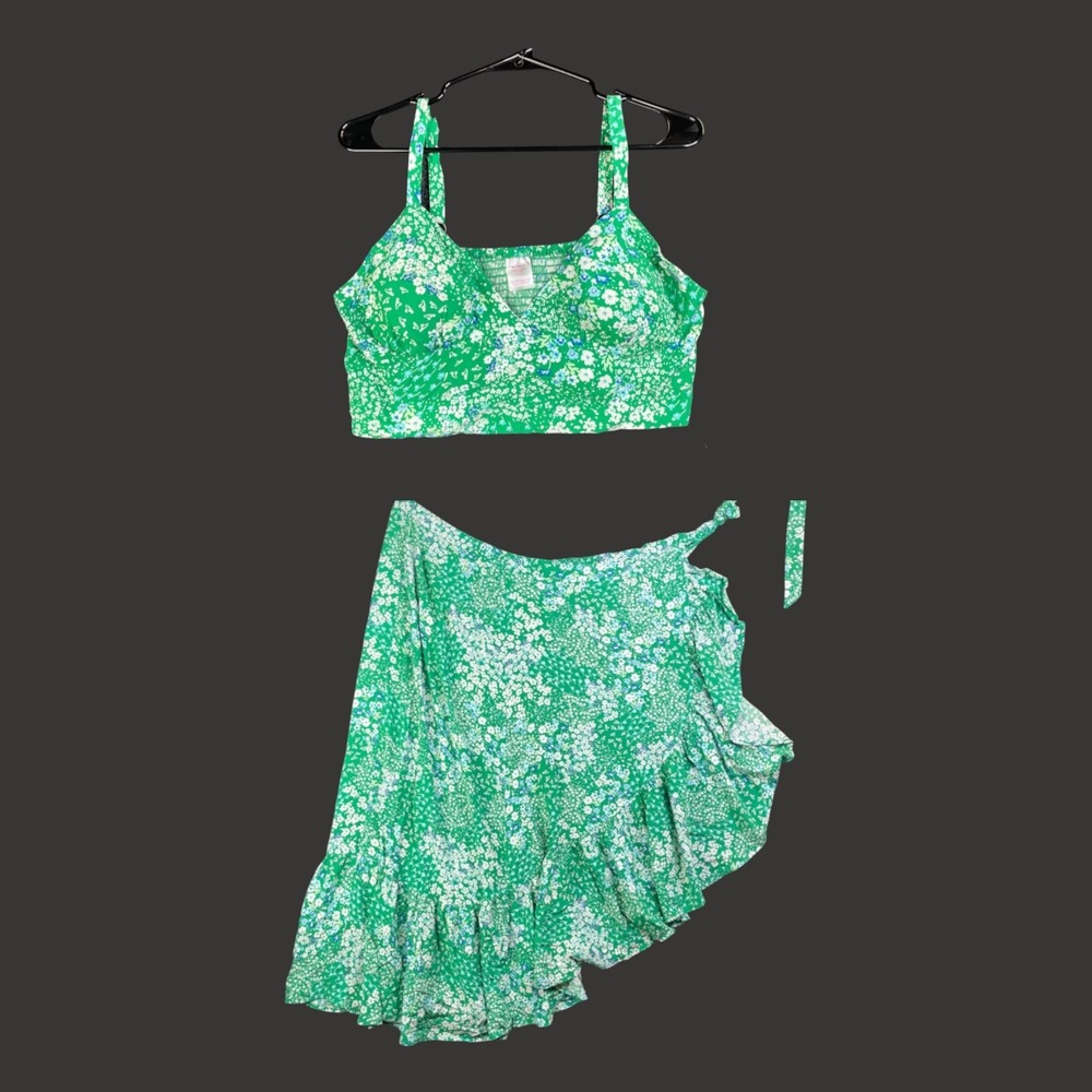 No Boundaries Green Floral 2 Piece Set Crop Top Ruffle Wrap Skirt XL XXXL Mixed